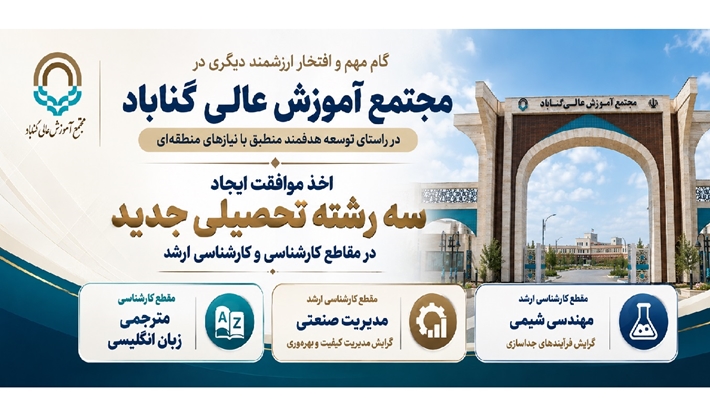 گام مهم و افتخار ارزشمند دیگری در مجتمع آموزش عالی گناباد در راستای توسعه هدفمند منطبق با نیازهای منطقه ای؛ اخذ موافقت ایجاد سه رشته تحصیلی جدید در مقاطع کارشناسی و کارشناسی ارشد در دفترچه انتخاب رشته سال 1405